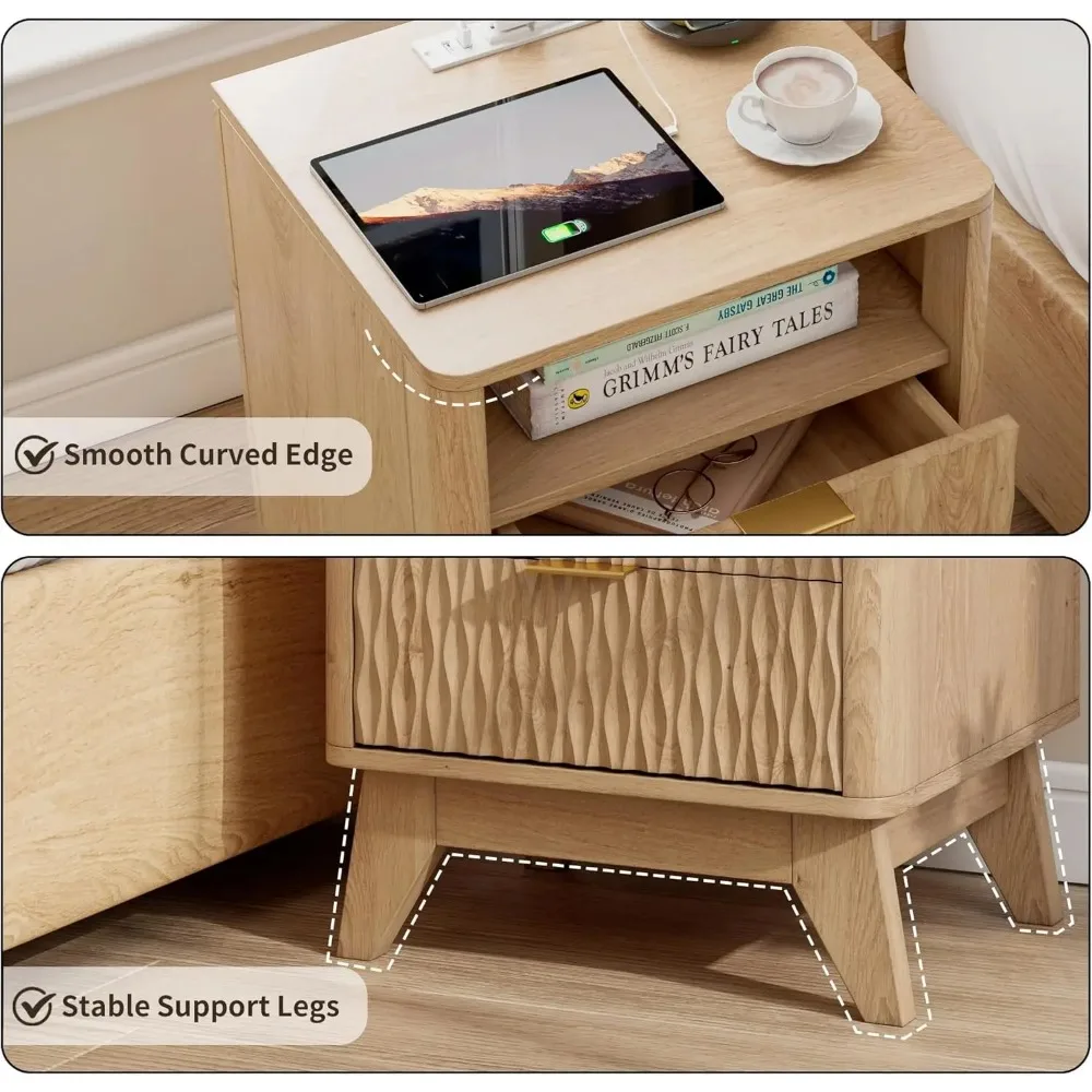 Fluted Nightstand with Charging Station, 18" Modern End Table with Storage Drawers, Bedside Table for Bedroom, Natural Oak(1 Pie