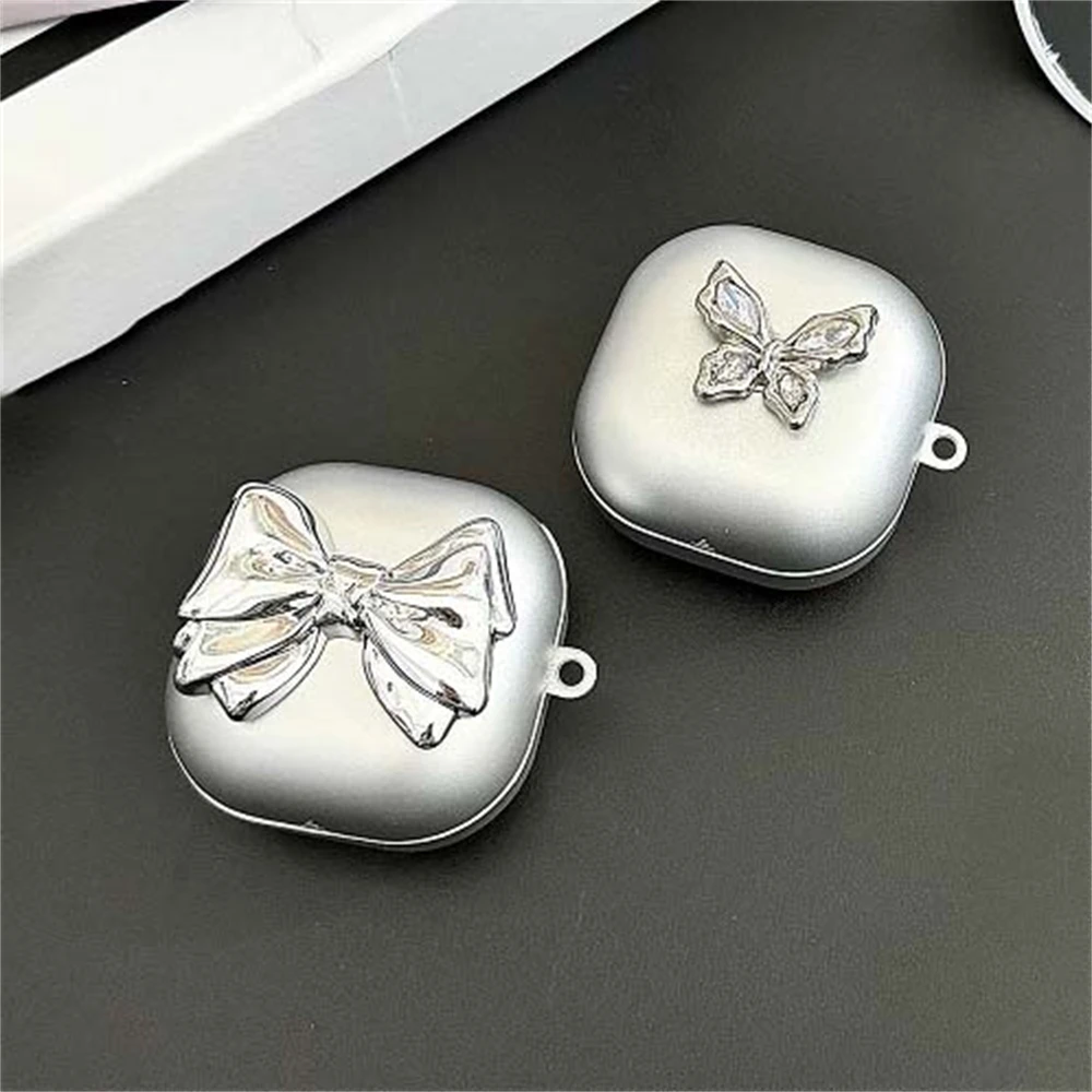 Cute Silver Bowknot Butterfly Electroplating Earbuds Headphones Soft Case For Samsung Galaxy Buds FE Case For Samsung Buds 2 Pro