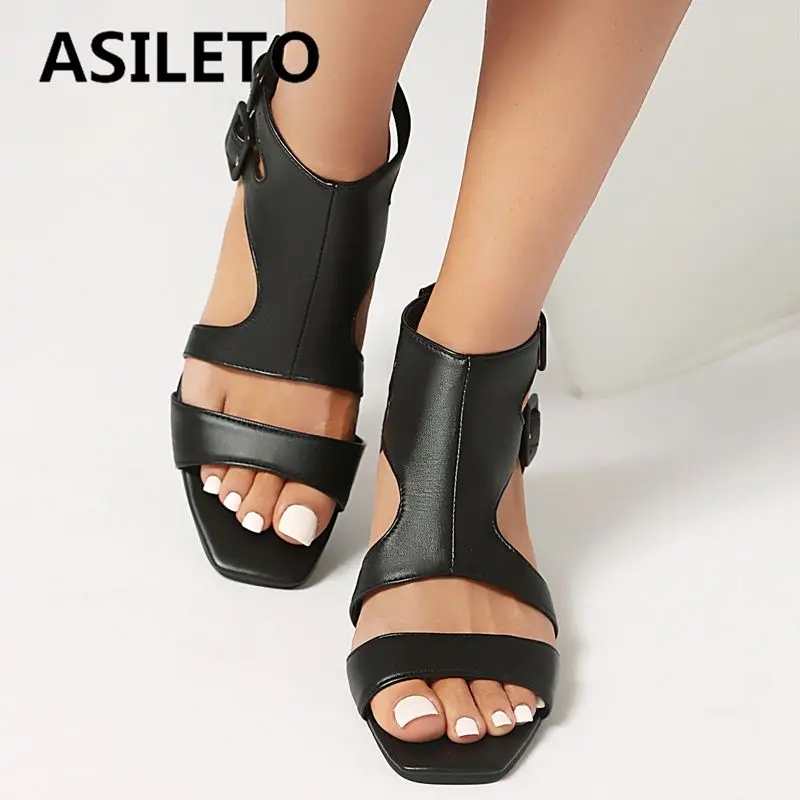 

ASILETO 2025 New Design Women Sandals Square Toe Block Heels 5cm Zipper Belt Buckles Plus Size 41 42 43 Fashion Dating Shoes