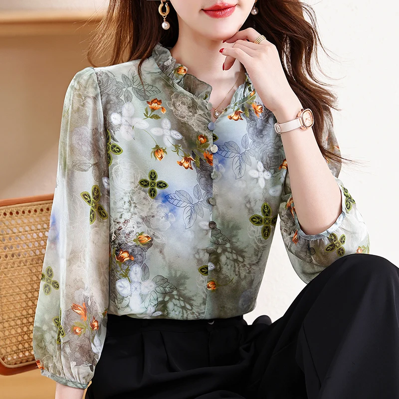 

Spring Summer Elegant Fashion Chiffon Blouse Ruffles Collar Women Tops 3/4 Sleeve Floral Printed Shirt