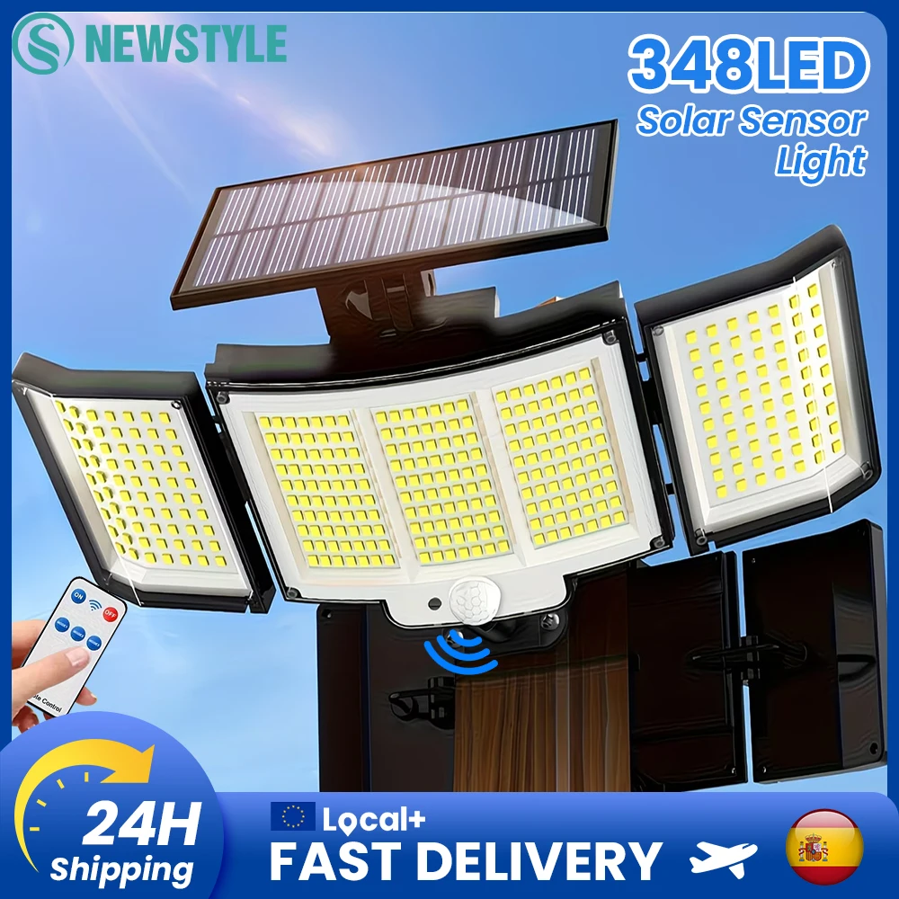 1-2 Stück Solar-Außenleuchten mit 348 LEDs, Bewegungssensor, 3 Köpfe, Sicherheitsleuchte, IP65 wasserdicht, Weitwinkel-Flutlicht, Wandleuchte mit 3 Modi für Hof- und Gartenbeleuchtung
