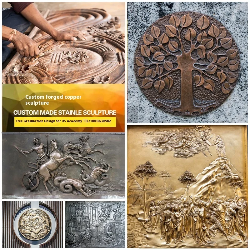 Scultura in rilievo di rame fuso rosso in rame forgiato, ornamento culturale da parete per esterni, scuole, quadrati, piastrelle per soffitto in fibra di vetro