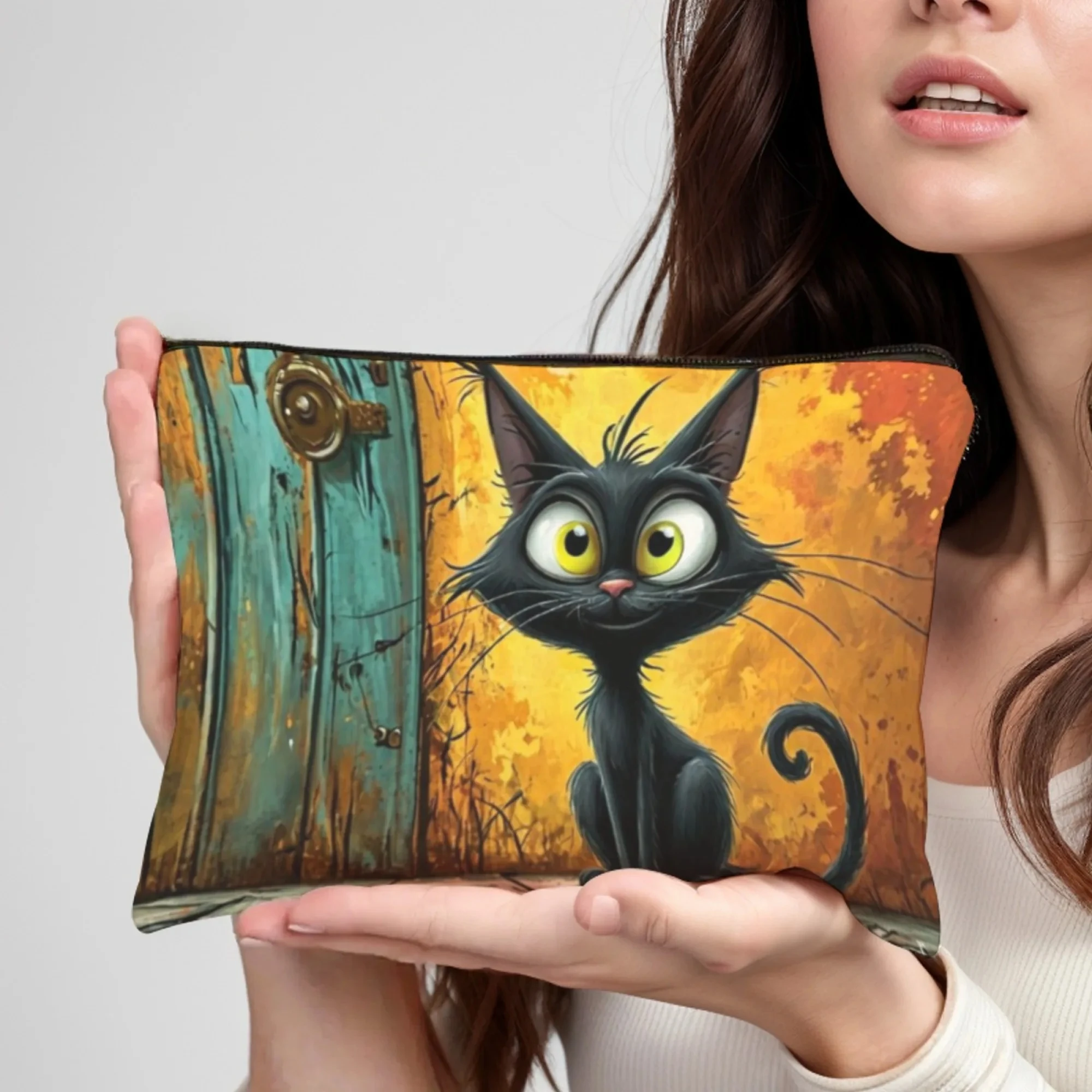 

Косметичка с принтом в стиле ретро и черной кошки, модная сумка для хранения в стиле Харадзюку, косметичка для сестры, студенческий пенал