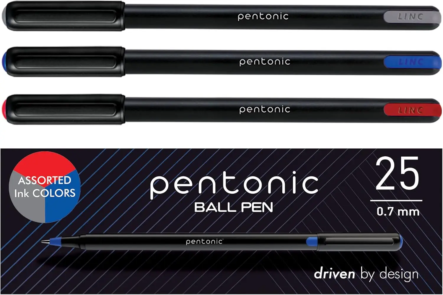 

Fine Point Ballpoint Pens, 25 Pack, 0.7 mm, Black, Blue & Red Ink, Smooth Writing for Journaling & Notes