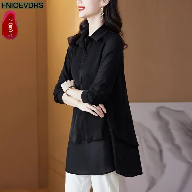 M-3XL 2023 Women European Style Fashion Elegant Office Lady Work Button Shirt Casual Black Robe Tunic Peplum Tops And Blouses