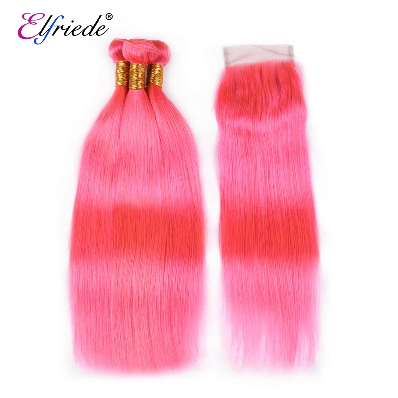 Elfriede #Pink Straight Hair Bundles with Closure 100% Remy Human Hair Sew In Wefts 3 Bundles with 4X4 Transparent Lace Closure