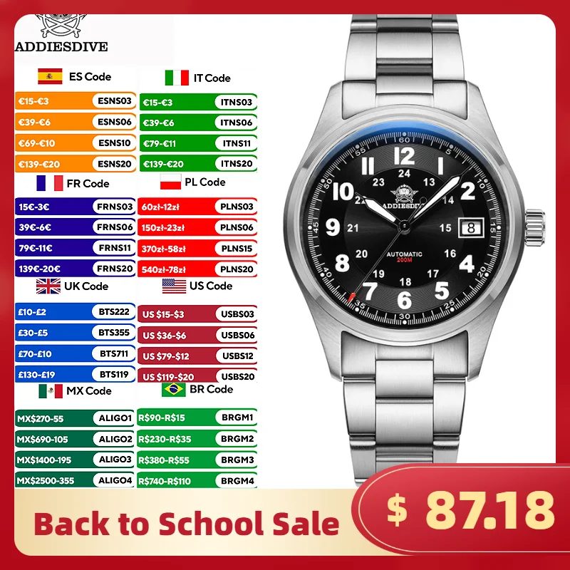 ADDIESDIVE AD2525 Automatikuhren für Herren, 39 mm, Saphir, japanische 8215-Mechanische Uhr, wasserdicht, 20 Bar, leuchtende Luxusuhr