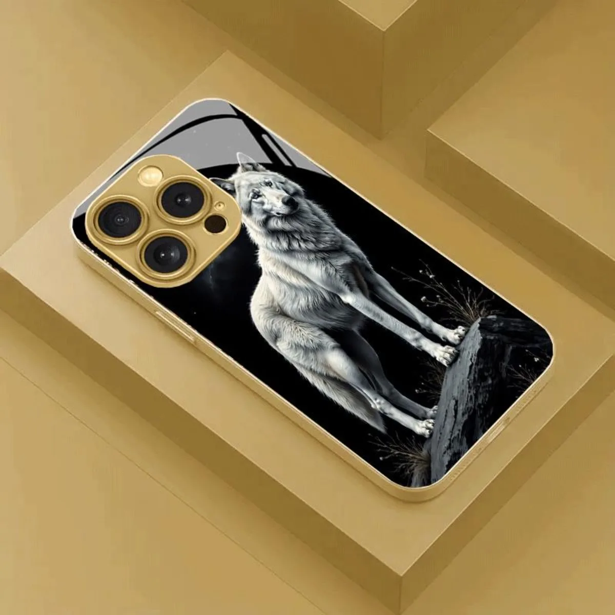 Wolf picture black new electroplated glass phone case, suitable for iPhone 17, 16, 15, 14, 13, 12, 11, etc.
