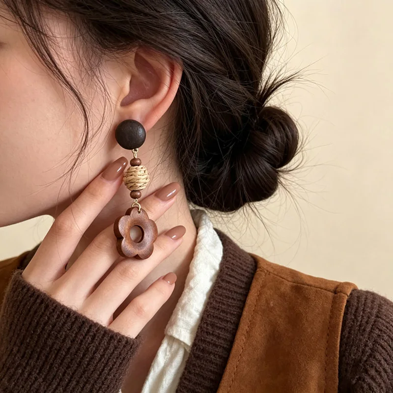 Handcrafted Wooden Flower Drop Earrings Vintage Woven Bead Long Dangle Body Jewelry Accessories For Boho Vacation Outfits