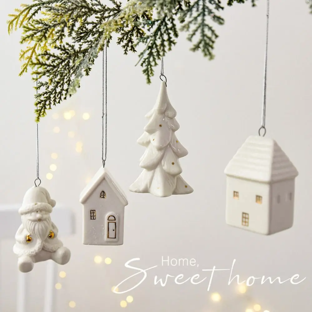 Ceramic Crafts Christmas Ceramic House Pendant Scene Layout Home Decor New Year Party Decoration Gifts Hollow out Snow House