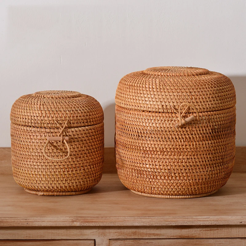 Round Rattan Woven Basket with Lid, Wicker Fruit Boxes, Decorative Tray Lids, Sundries Storage, Mini Snack Bread Organizer