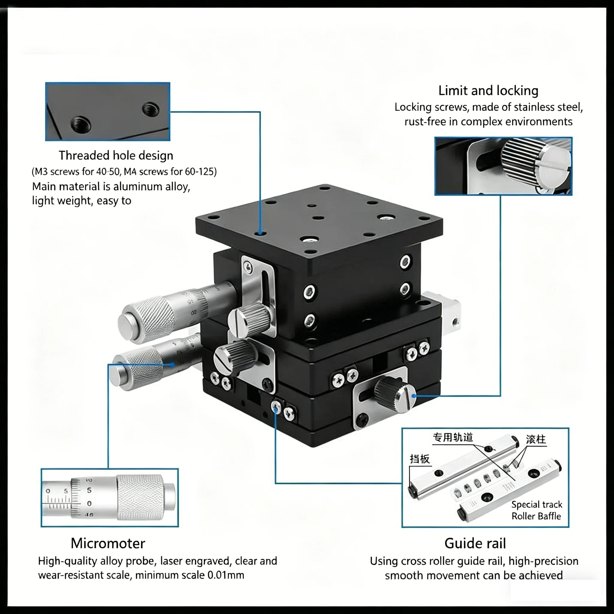 XYZ60-LM LD40/60/80/90/125-RM XYZ Axis 40*40mm 60*60mm Trimming Station Manual Displacement Platform Linear Stage Sliding Table