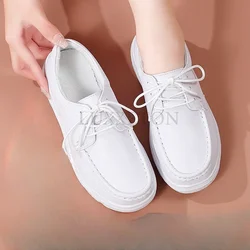 Genuine Leather Lace Up Nurse Shoes for Women Soft Soles in Autumn and Winter Plush Thick Soles Anti Slip Bottomed Work Shoes