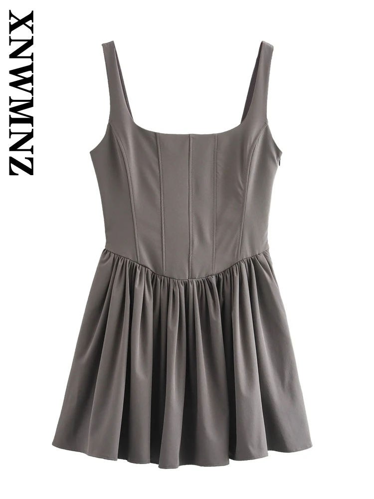 XNWMNZ 2024 Summer Woman\'s Casual Sleeveless Solid Color Slip dress Top Female Fashion Ruffles zipper Sling Pleated Skirt Dress