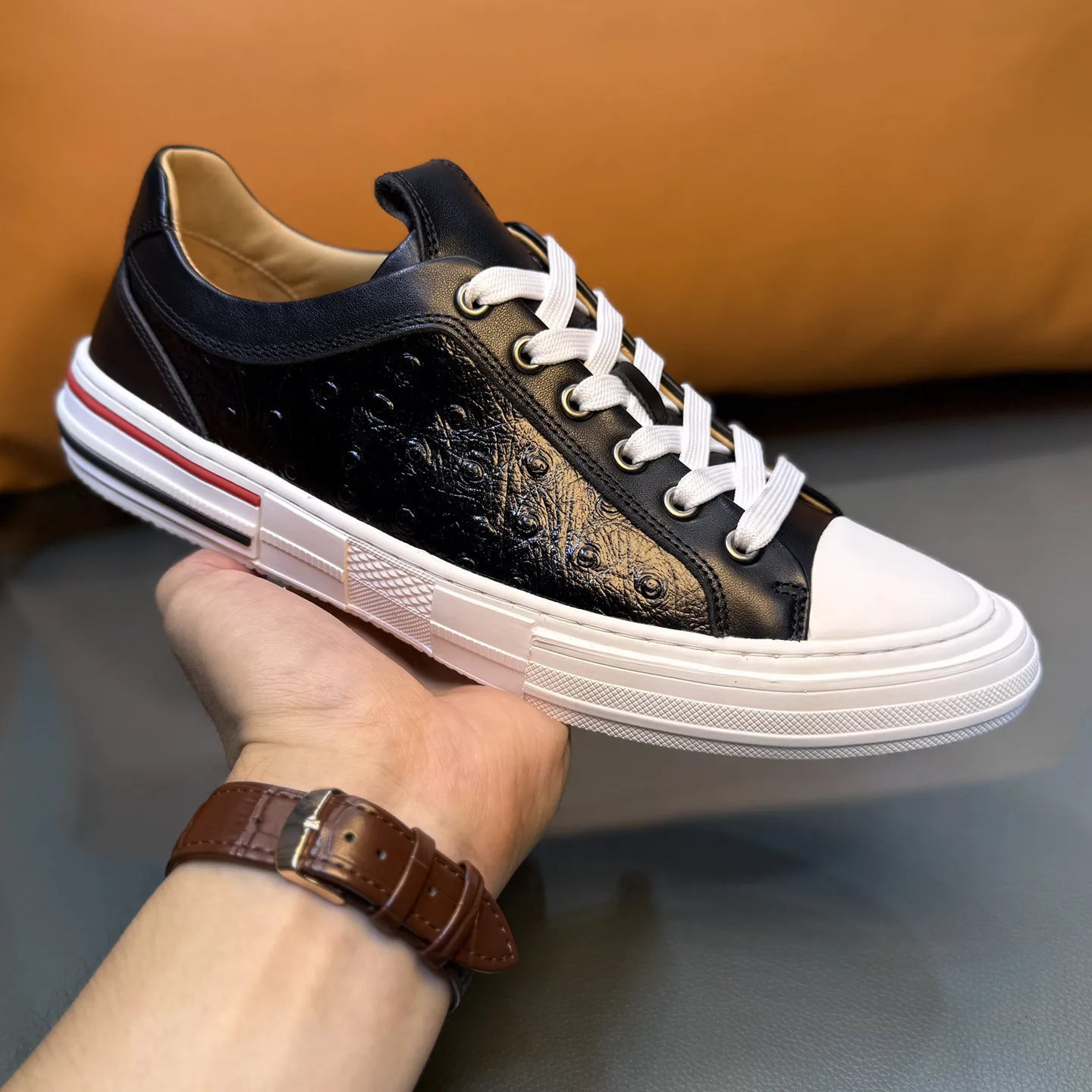 YETTIES Men's 2026 Trendy Sneakers, Breathable Low Top Casual Shoes in Ostrich Embossed Genuine Leather, Lace-Up Design