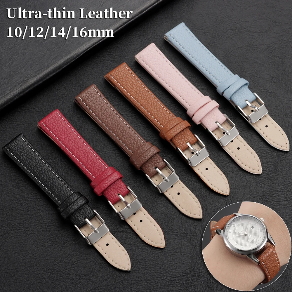 10 mm, 12 mm, 14 mm, 16 mm Leder-Uhrenarmband, weiches Rindsleder, ultradünnes Armband, wasserdichtes, schlankes Armband für Damen, universelles Uhrenarmband