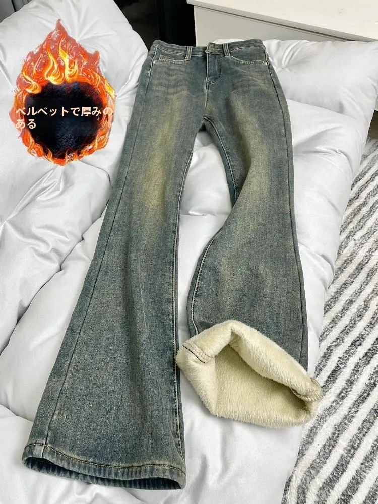 Thickened Fleece Retro Blue Straight Leg Jeans Women Winter plus Size High Waist Cover Hip Elastic Micro Flared  Hoof Pants