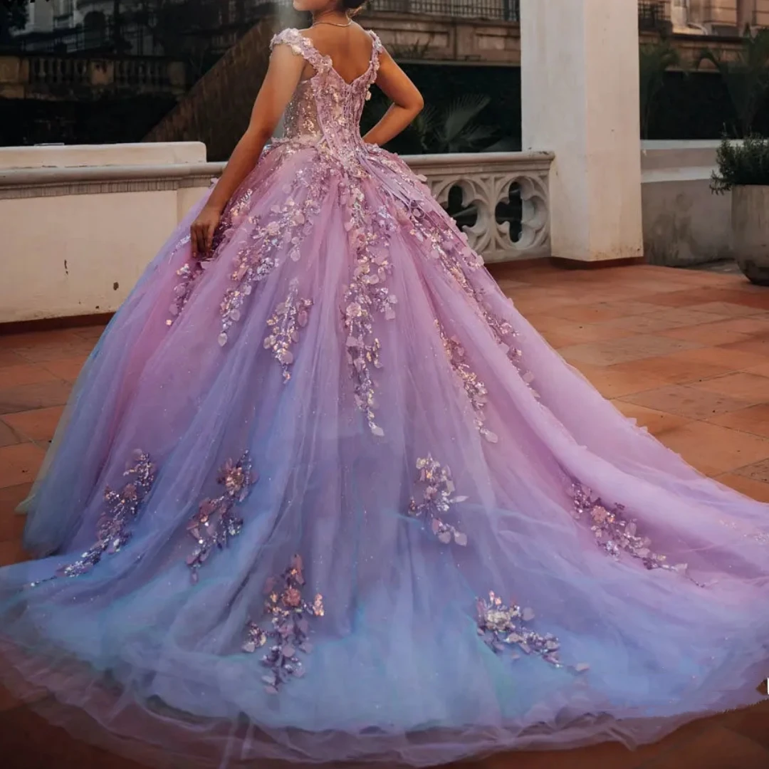 

Сиреневое кружевное платье Quinceanera с блестками и аппликацией, бальное платье с 3D цветами, милое 15-летнее платье для дня рождения, женское платье для выпускного вечера