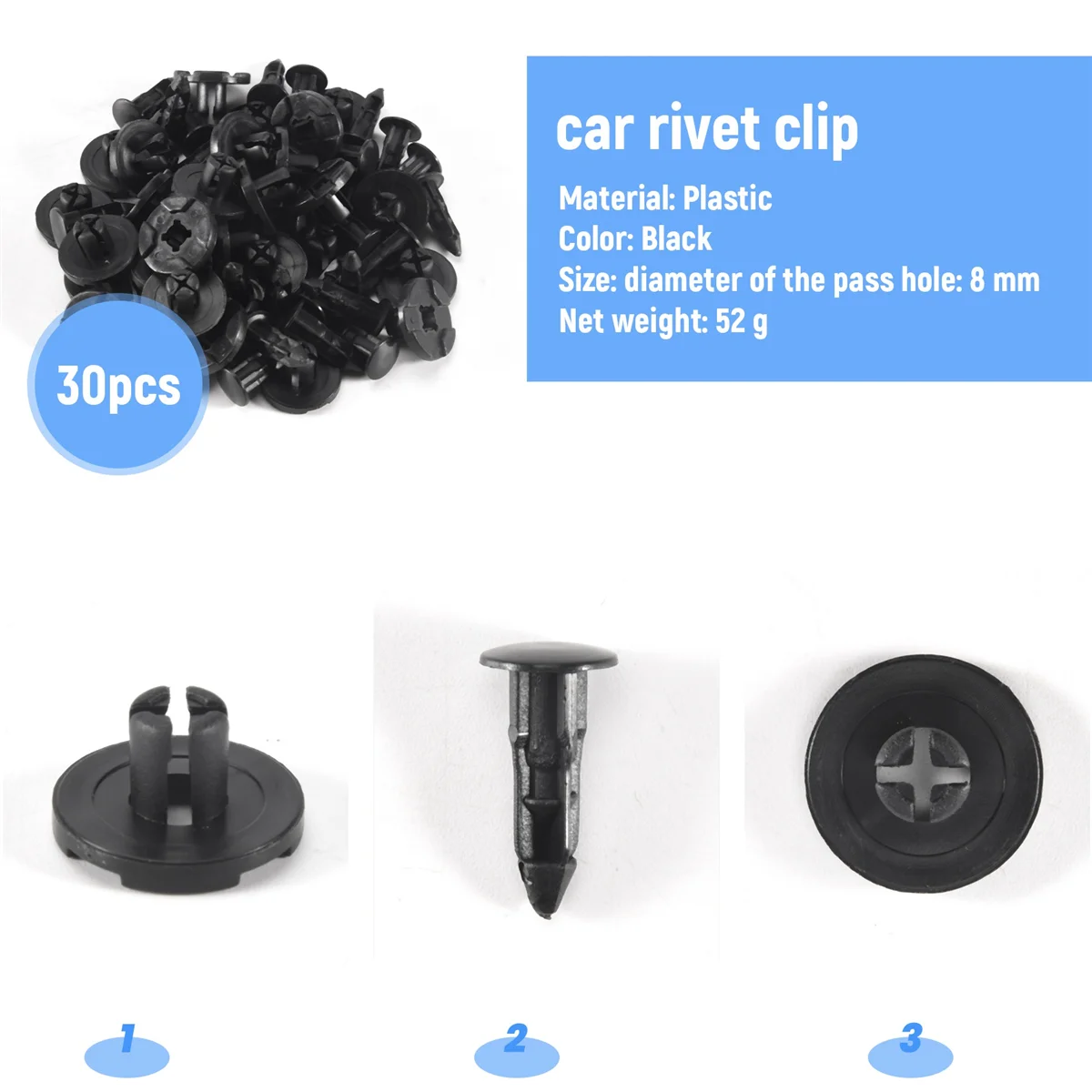 30 pezzi parti in plastica 8 mm foro nero paraurti rivetto clip chiusura G