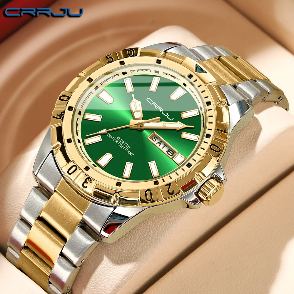 CRRJU Top Original Men Quartz Watch Green Waterproof Watch for Men Stainless Steel Quartz Men Luxury Watch Luminous Wristwatch