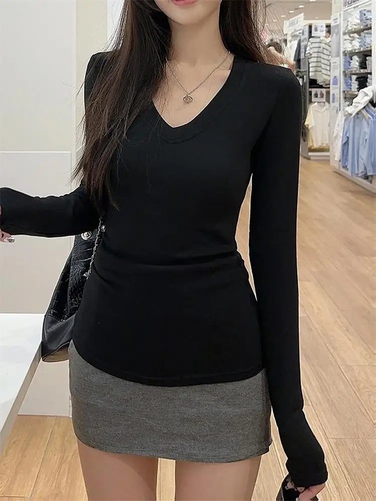 Frauen Mode Einfarbig V-ausschnitt T Shirt für Frauen Baumwolle Elastische Grundlegende T-shirts Weibliche Casual Top Langarm Sexy Y2k Kleidung – Detail 7