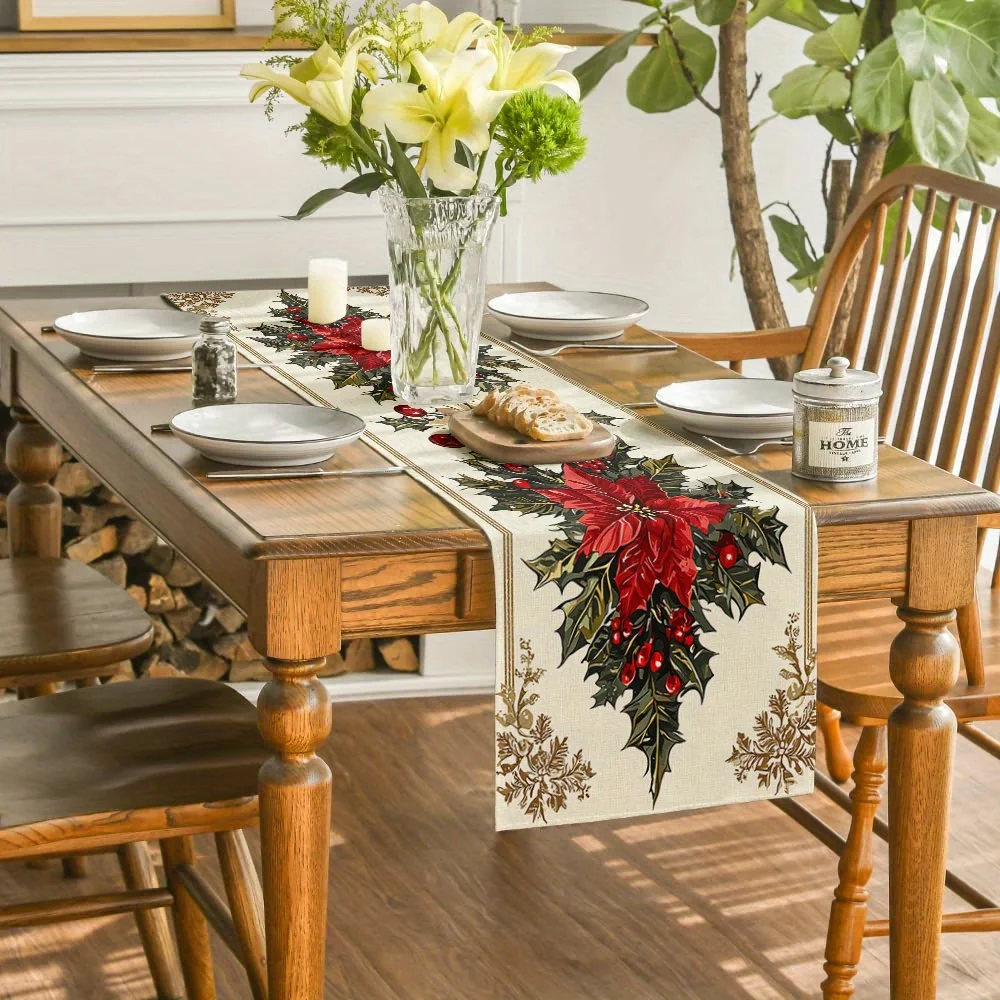 Christmas Poinsettia Holly Berries Linen Table Runner Party Decor Winter Xmas Kitchen Dining Table Runners Christmas Decorations