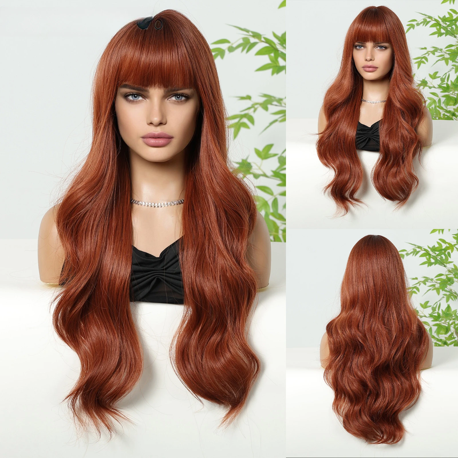 Orange Brown Long Body Wavy Synthetic Copper Women Brown Wig