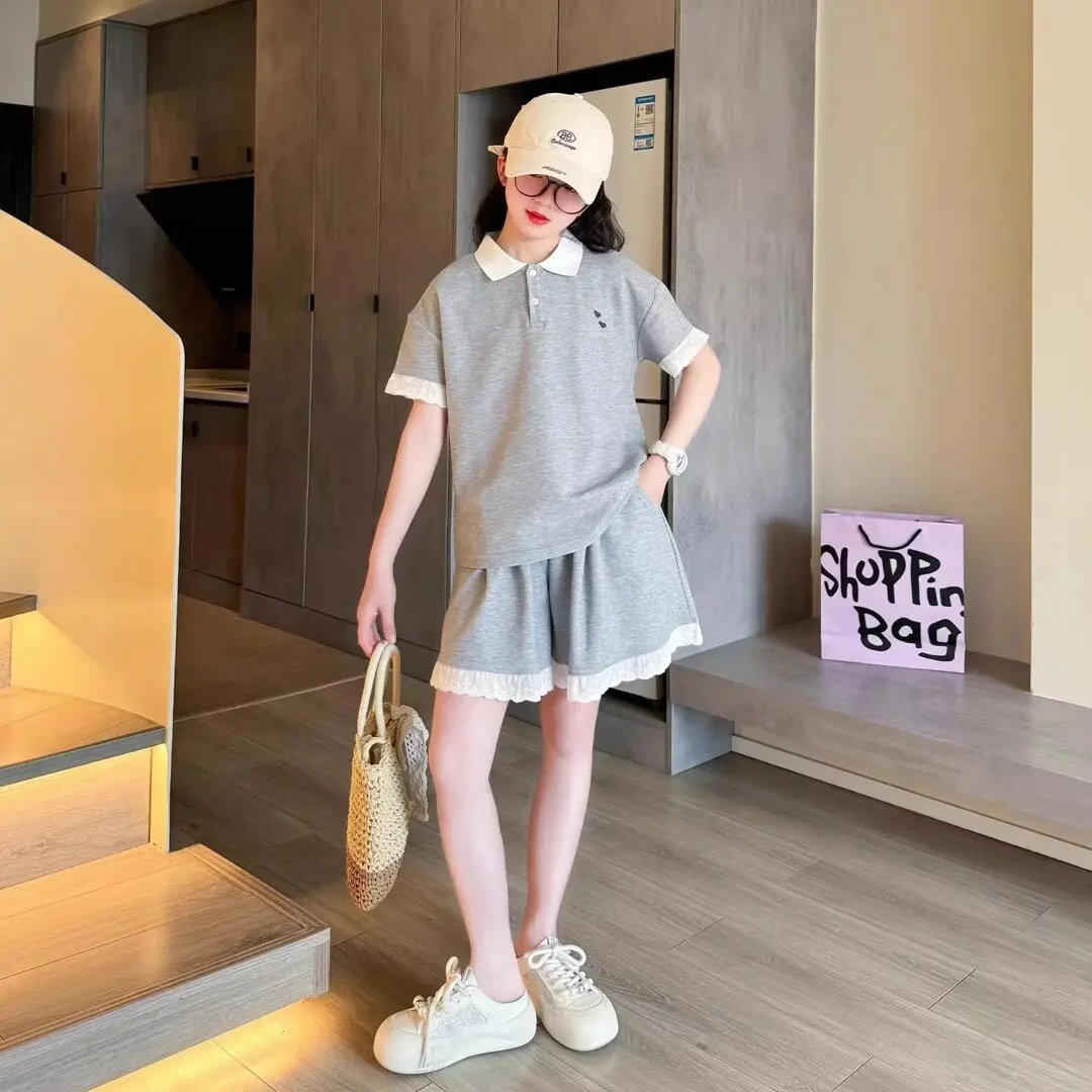 2026 summer girls casual tracksuit short t-shirt top + hot pant teenager children set  5 6 7 8 9 10 11 12 14 year