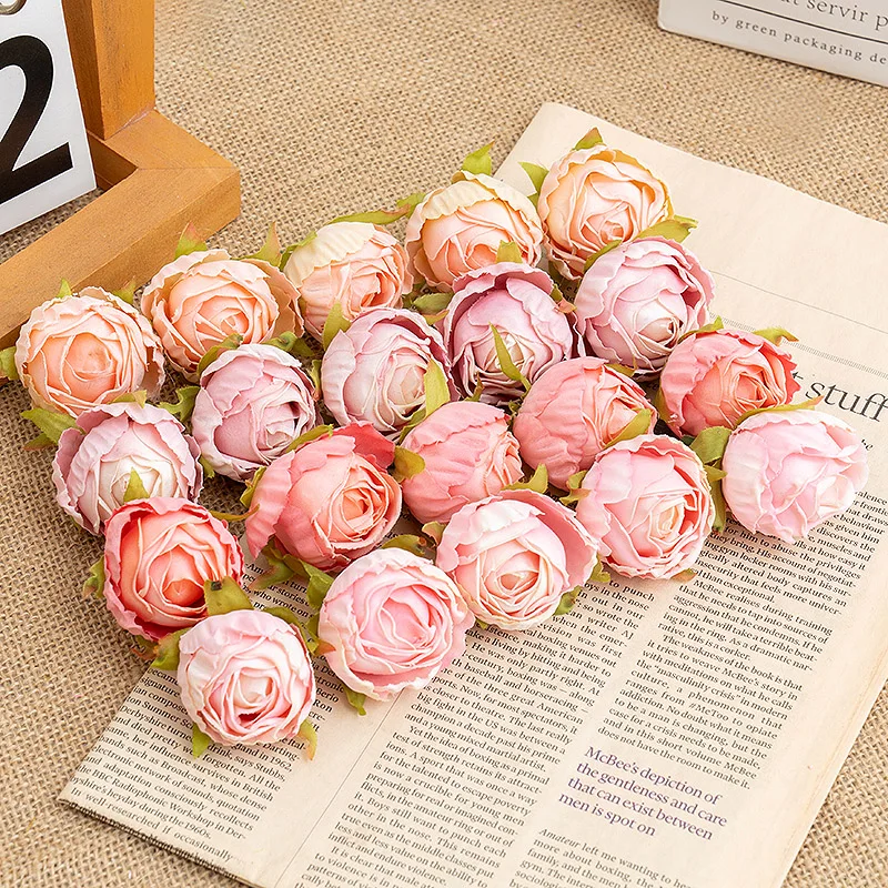 5Pcs Artificial Flower Silk Retro Burnt Edge Tea Buds Rose Head Christmas Wedding Home Decorative Fake Floral Craft Arrangement