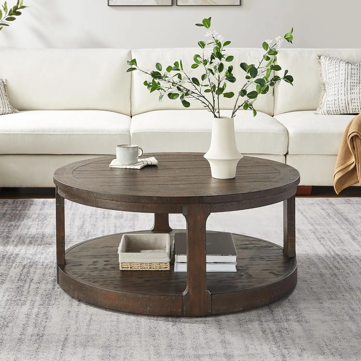 

40" Mid-Century Retro Farmhouse Coffee Table - Dark Brown 2-Tier Solid Wood Round Table with Wheels,Apartment (ø40 x 17.52"H)