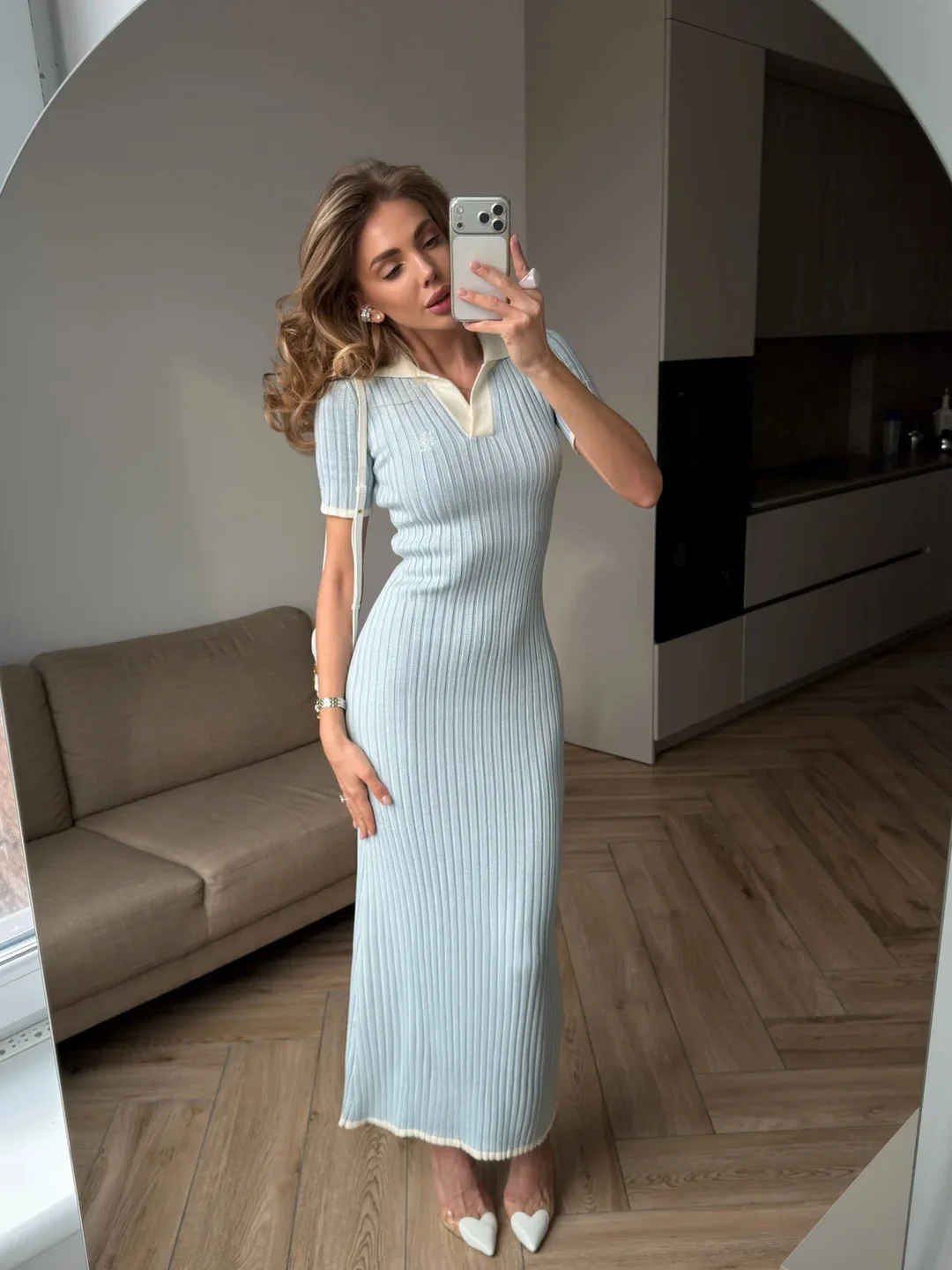 

Вязаное платье-футляр с коротким рукавом и отложным воротником для женщин, весна-лето, сексуальное, облегающее, однотонное, макси, повседневное, уличный стиль, женское платье