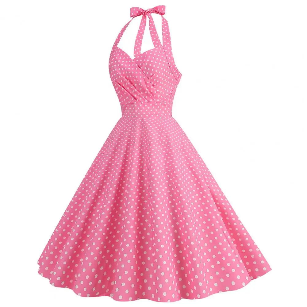 Mid-length Casual Dress Elegant Vintage Dot Print A-line Evening Dress with Halter Neck Pleated Princess Style for Special