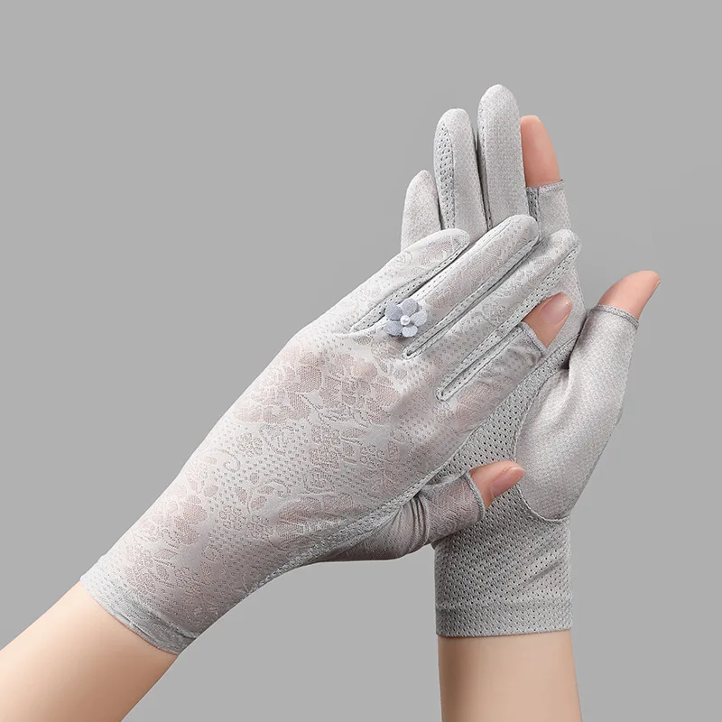 Spring Summer Women\'s Ice Silk Thin Lace Fingerless Anti-ultraviolet Sunscreen UV Gloves with Flower Driving Gloves Women