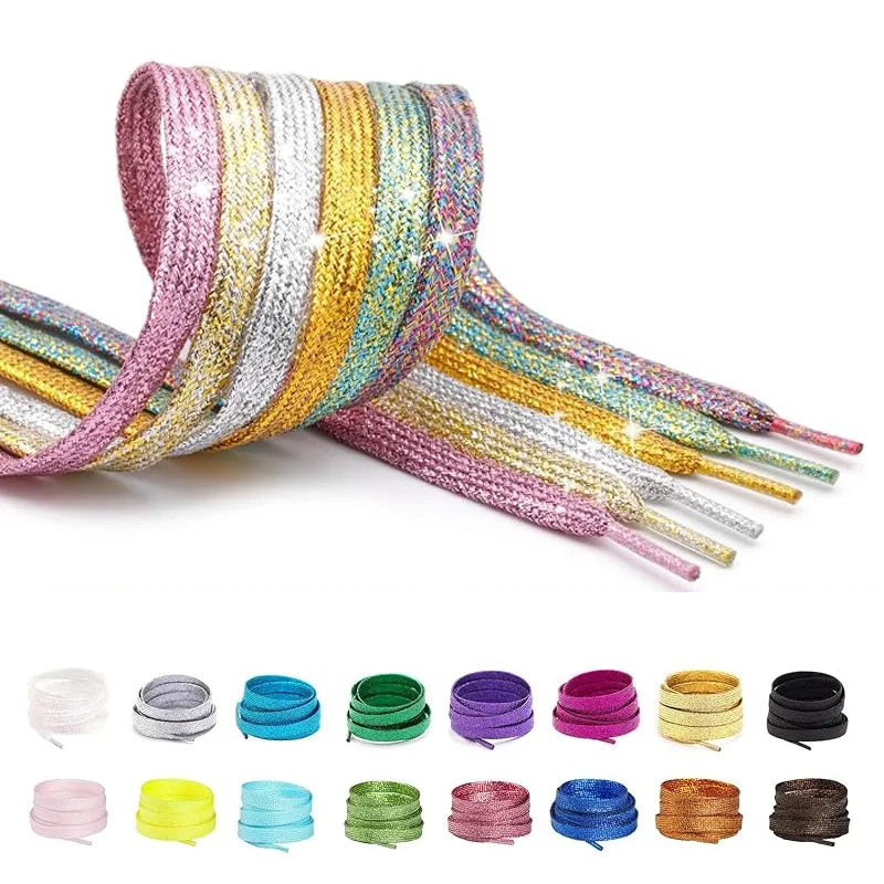 Sparkly Glitter Flat Shoelaces, Metallic Shiny Replacement Laces for Sneakers Canvas Casual Shoes, 1CM Width Wear-resistant
