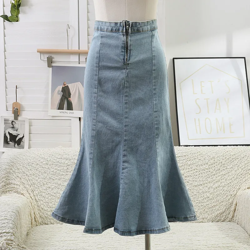 Women's Denim Half Skirt Spring Summer New Sexy Fish Tail Package Hip Skirts Women's  Ruffle Split High Waist Midskirt