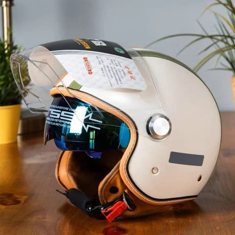 Kaese Smart Brown Check Jet Leather Helmet Inner Visor Design Genuine Leather Exterior Long Visor DOT/ECE Dual Certified