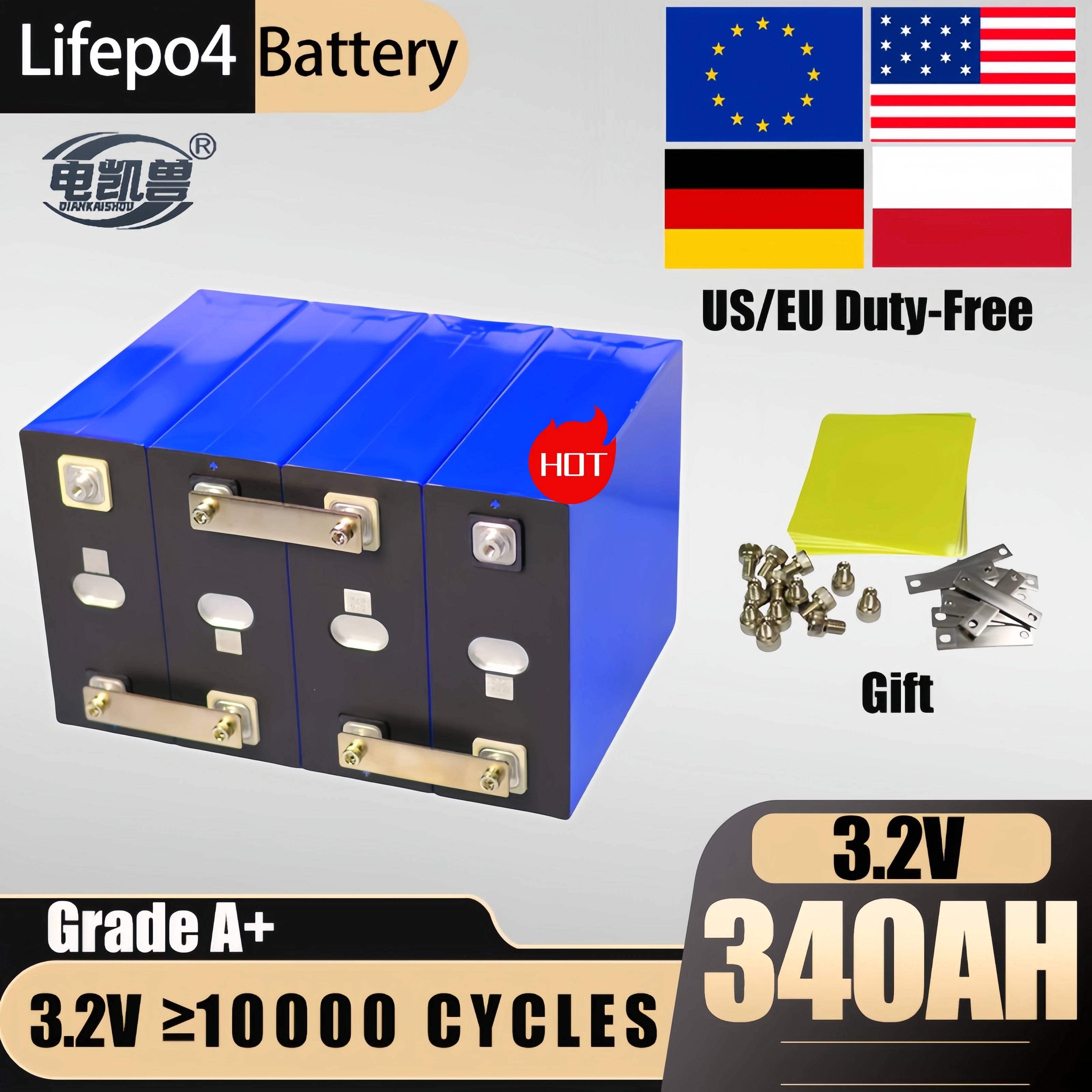 

Grade-A 3.2V 340Ah Lifepo4 Battery DIY 12V 24V 36V for RVs Vans Campers EV Boats Yachts Golf Carts Forklifts Solar Compatible