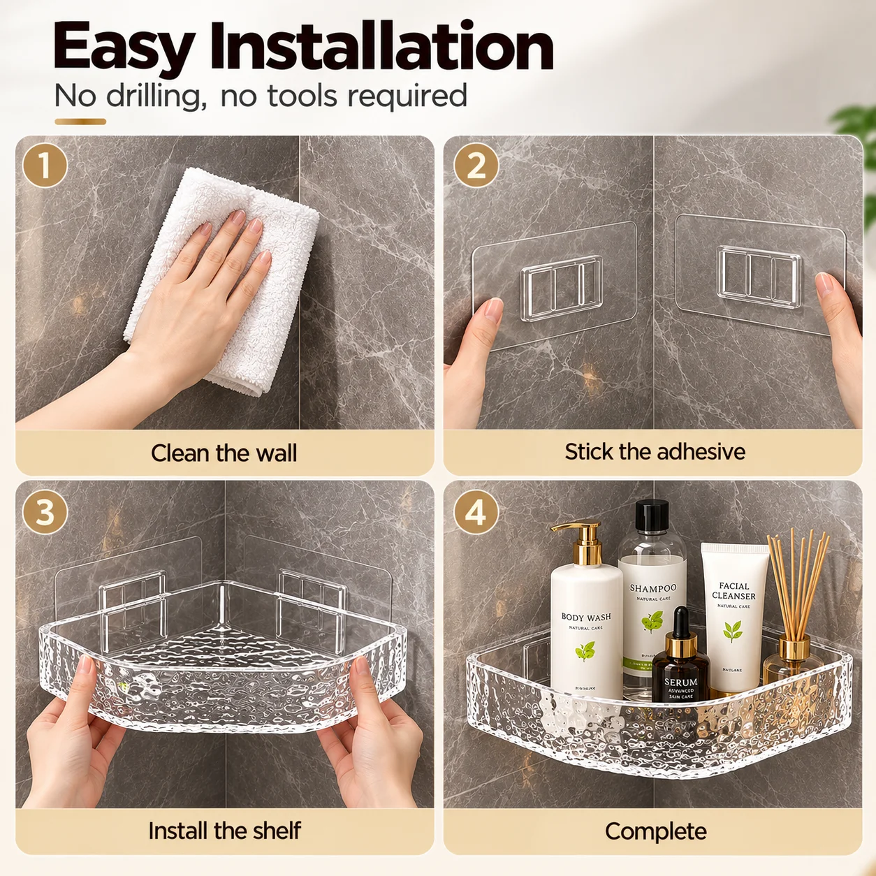 5-Piece Bathroom Corner Shelf Set, Includes 1 Acrylic Corner Shelf + 2 Adhesive Hooks + 2 Hooks, No-Drill Wall Mount, Bathroom Corner Storage, Does Not Damage the Wall