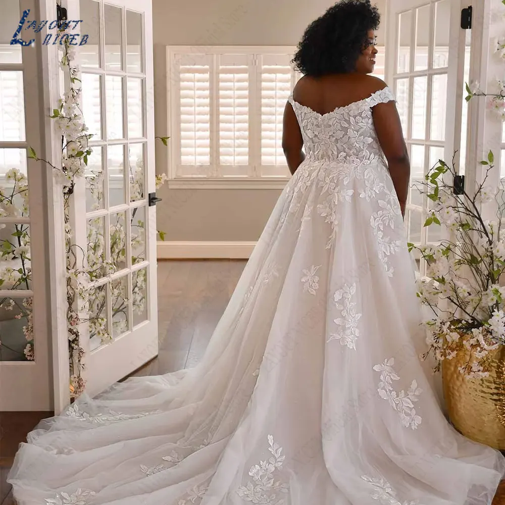 LAYOUT NICEB Apliques Plus Size A Linha Vestido De Noiva Fora Do Ombro Mangas Curtas Vestidos De Casamento Sem Costas Tulle vestidos para mujerLAYOUT NICEB Apliques Plus Size A Linha Vestido De Noiva Fora Do Ombro Mang