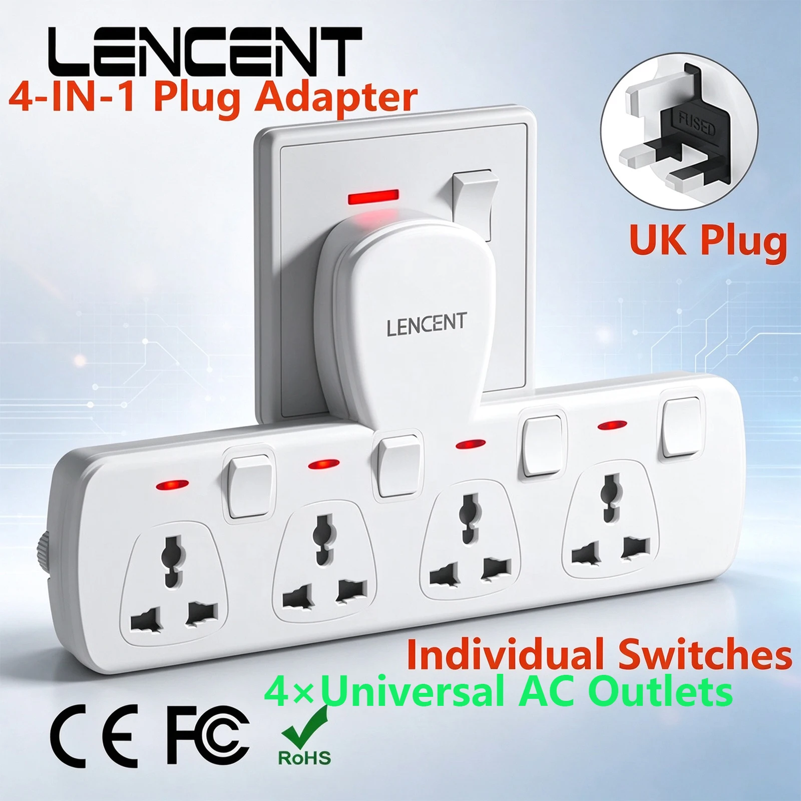 LENCENT UK Plug Extension Socket with 4 Universal AC Outlets 3250W 13A Extension Plug Adapter with Switch for Home Office