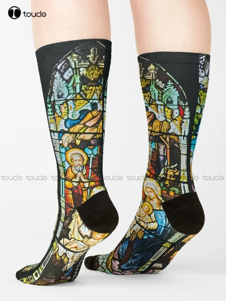 Jesus Birth In Stained Glass Socks Black Socks Women High Quality Cute Elegant Lovely Kawaii Cartoon Sweet Harajuku Cotton Gift