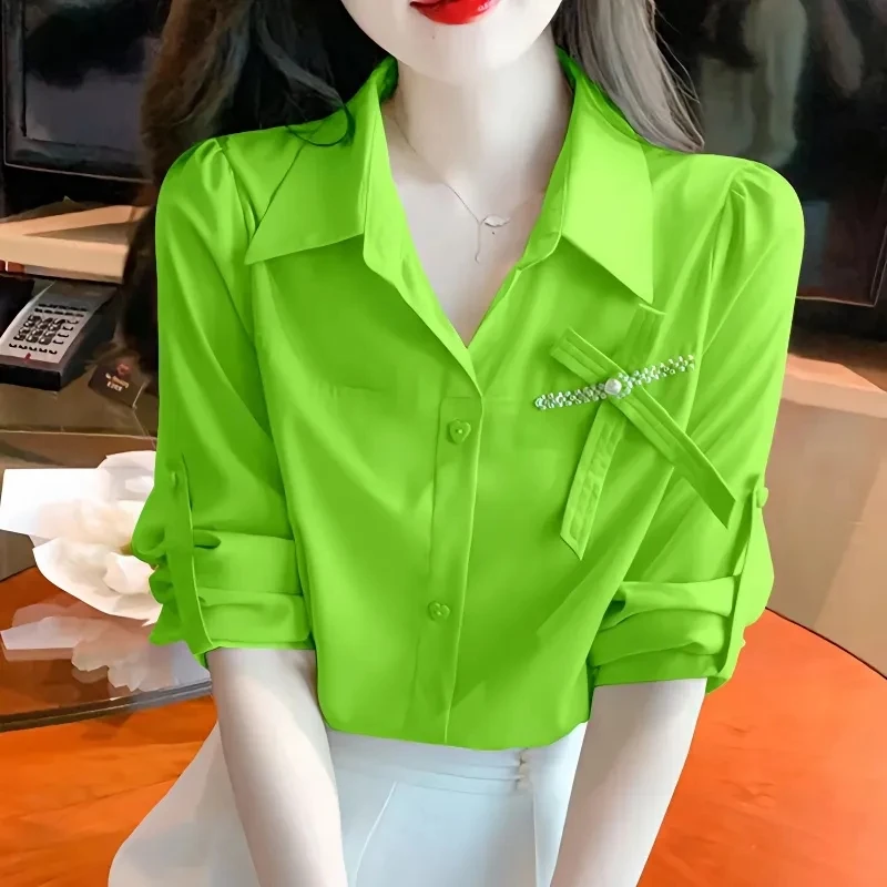 

Women's Cotton Shirt Blouse Women 2023 Elegant Spring Green chic bowknot Top Turn-down Collar Long Sleeve Solid Button Blouses