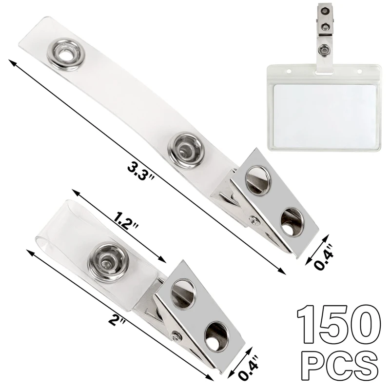 Clips de badge en métal avec sangle en PVC transparent, adaptateur de clip pour tenir en toute sécurité les cartes d'identité et de proximité, cartes de visite, 150 pièces