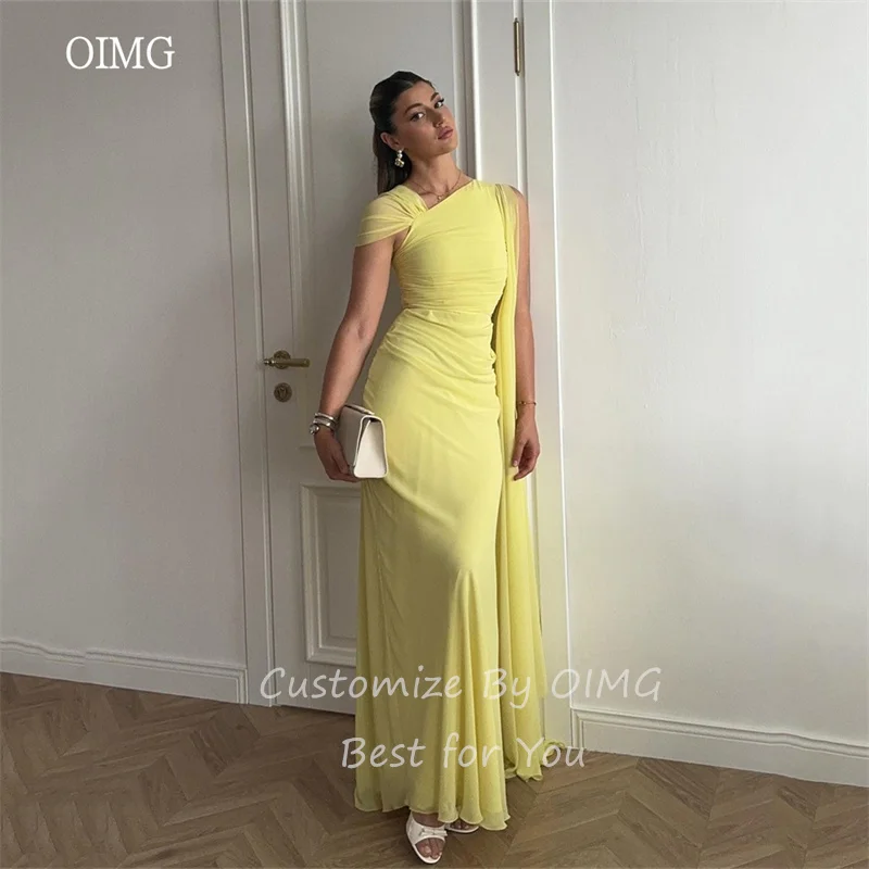 OIMG Elegant Yellow A-line Prom Gowns Cape Sleeve Formal Party Gown Chiffon Evening Dress vestidos de fiesta