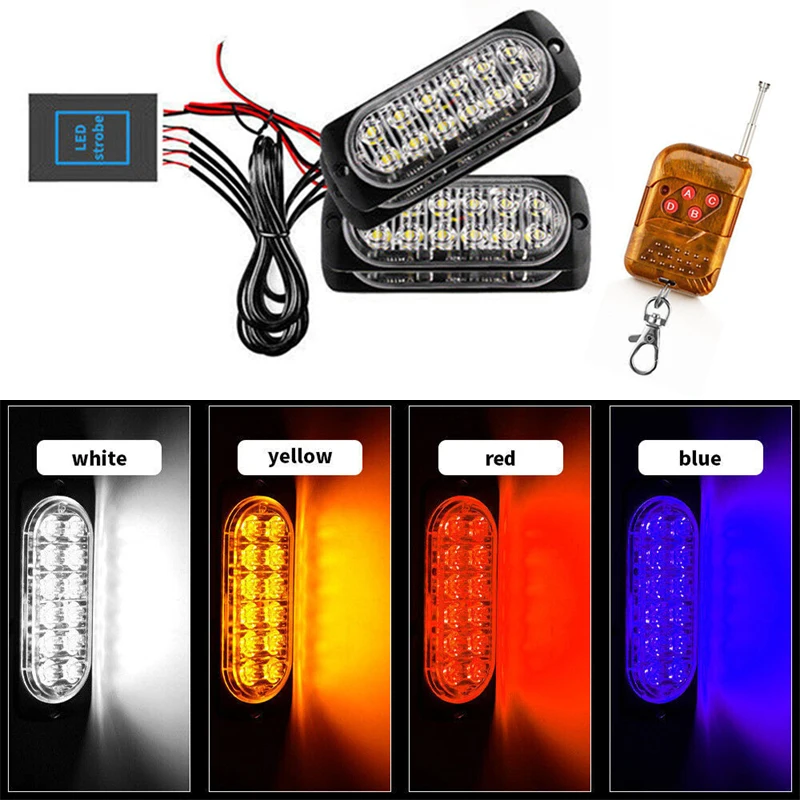 

4x12 LED Warning Lamp White Yellow Grill Emergency Remote Red Blue Car Strobe Light Wireless Control Flash Signal Fireman Beacon