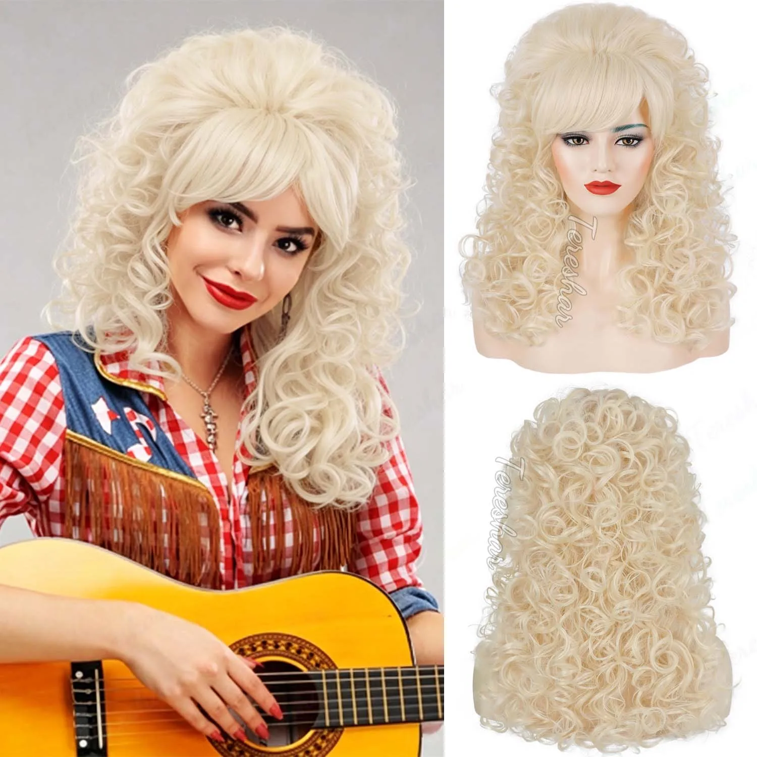 

Synthetic Long Curly Vintage Wig with Bang Big Bouffant Beehive Wig for Women fits 60s 70s Halloween Party Wig Dolly Cosplay wig