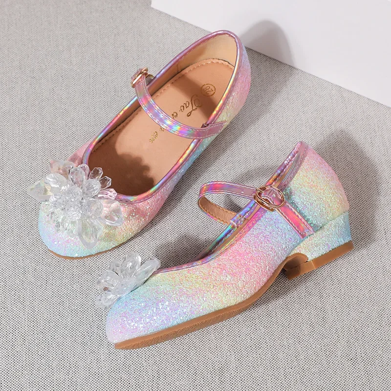 

Children Princess Shoes Glitter Performance Shoes for Girl with Heels Fashion Rainbow Kid Rhinestones Wedding Party Leather Shoe