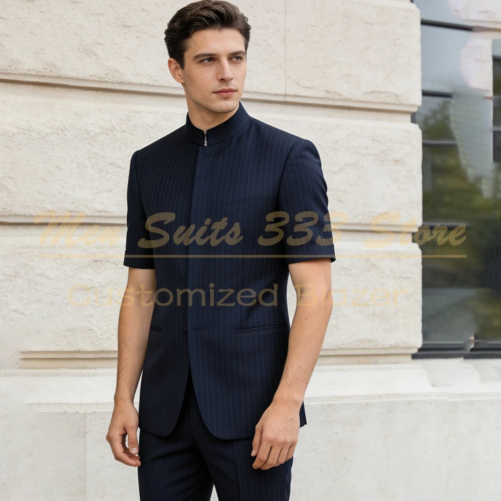 

Navy Blue Stripe Men's Suits Elegant Short Sleeve Stand Lapel Regular Fit Banquet 2 Piece Jacket Pants Costume Homme 2026