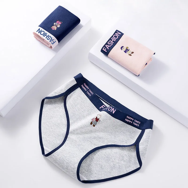 4pcs Women's Cotton Panties College Style Mid Waist Briefs with Cartoon Letter Design Sexy School Girls Sports Underpants