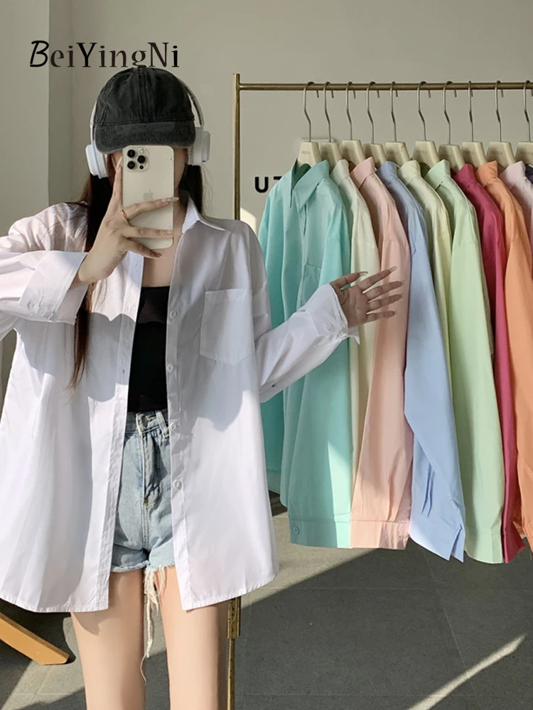 Beiyingni 2024 Spring Autumn Women Shirts White Plain Loose Oversized Blouses Female Tops Loose BF Korean Style Blusas Pockets